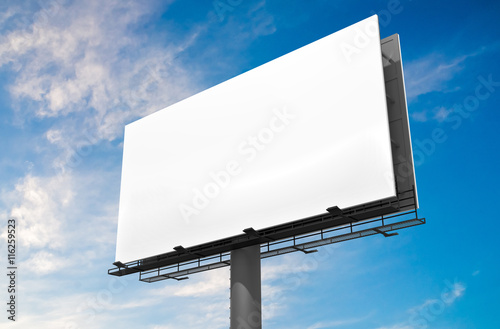 3D illustration of blank white billboard against blue sky.