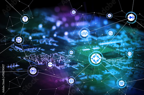 wired schematic symbol icons on electric circuit board, abstract image visual