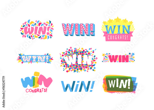 Win sign with colour confetti vector paper illustration. Success luck message contest promotion win text. Banner competition award lucky lottery word win text. Shop or web site reward gamble champion