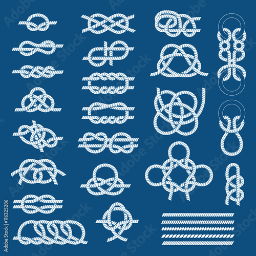 Nautical blue knots sea vector pattern graphic line blue design. Vintage illustrations of white nautical rope knots over blue background. Types of nautical knots sea nautical cord string cable.