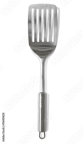 A silver metal cooking spatula isolated on a white background