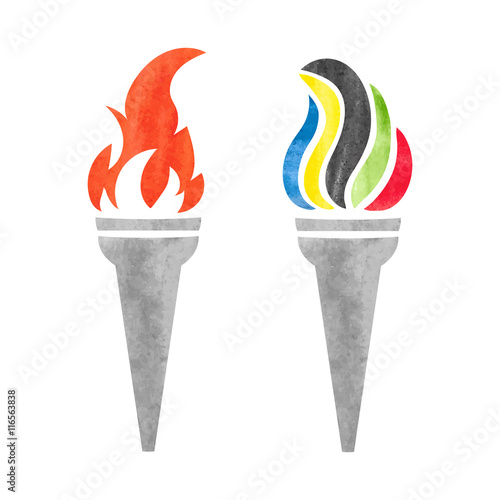 Two watercolor olympic torches with flames isolated on white. Olympic fire. Vector illustration. 