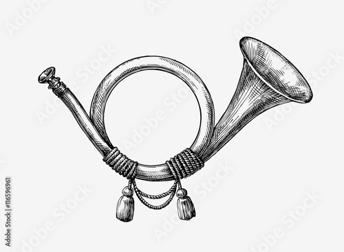 Hand drawn vintage hunting horn. Sketch post . Vector illustration