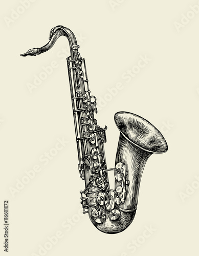 Jazz music. Hand drawn sketch saxophone, musical instrument. Vector illustration