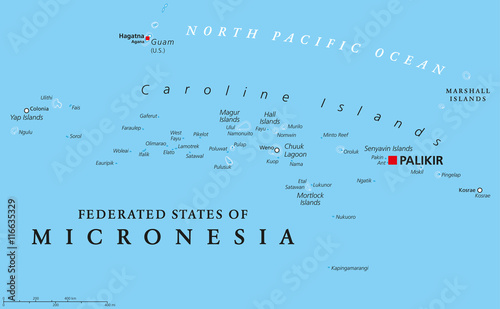 Federated States of Micronesia political map with capital Palikir. An independent sovereign island nation consisting of four united states spread across the Western Pacific Ocean. English labeling.