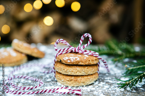 Christmas homemade cookies on a blurred background of lights