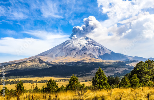 Active Popocatepetl volcano in Mexico