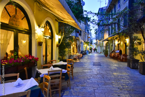 Corfu town streets by night. Kerkyra, Greece.