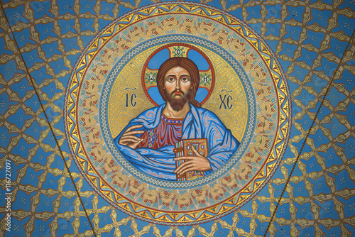 The image of Jesus Christ on the inside of the dome in the St. Nicholas naval Cathedral. Kronstadt