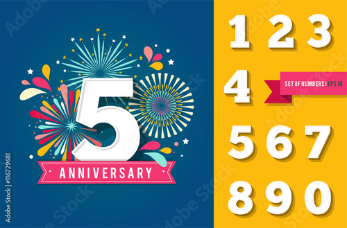 Anniversary fireworks and celebration background, set of numbers