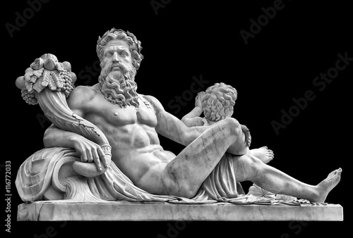 Marble statue of greek god with cornucopia in his hands.