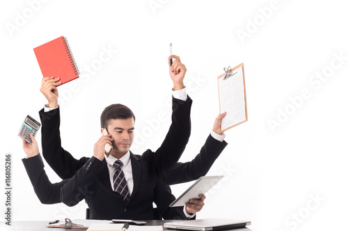 Multitasking businessman working handle many task