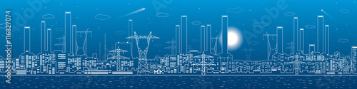 Power plant, electricity lines, energy and industrial panoramic, infrastructure, vector design art