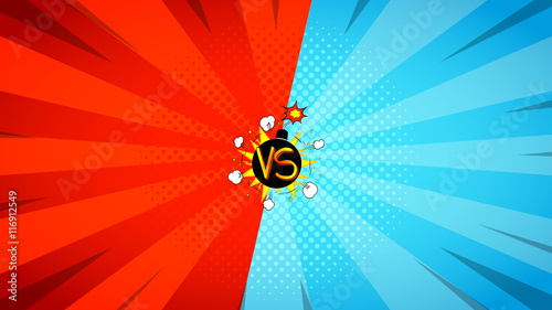 Versus letters fight illustration. Vector backdrop. Decorative background with bomb explosive in pop art style.