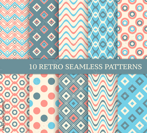 10 different retro seamless patterns. Set of stylish color backg