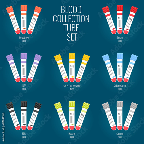Test tube set for collecting blood. Kit of laboratory test tubes with various colored tops for different blood tests. Medical equipment isolated on blue. Medical concept. Vector illustration.