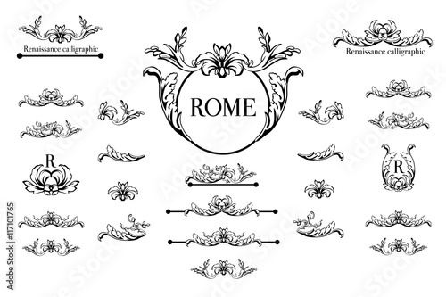 Vector set of calligraphic design elements, page decor, dividers and ornate headpieces.