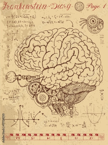 Frankenstein Diary with mechanical human brain, eye and formulas