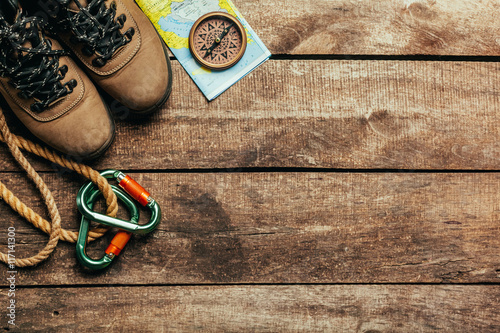 Top view of travel equipment for a mountain trip