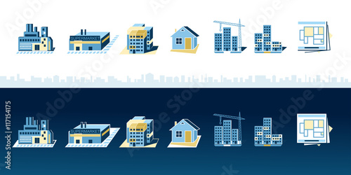 Colorful building icon set. Vector illustration of various types of construction and architecture scheme.