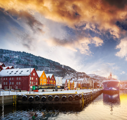 amazing view on Bryggen street in the bay in Bergen at sunset, Norway