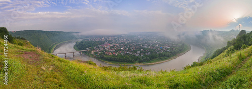 Panorama of the Dniester river canyon. Top view of the city Zali