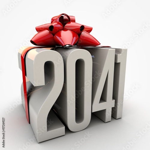 3D illustration of 2041 text wrapped up with red ribbon and bow