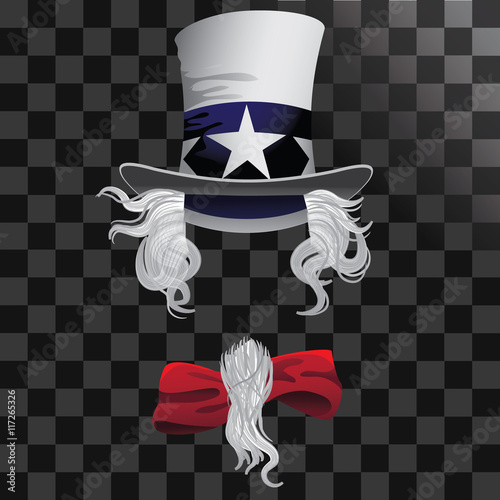 Uncle Sam hat with hair beard and bow tie. EPS 10 vector.