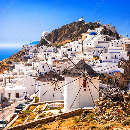 Serifos island, view of Chora village and windmills. Greece, Cyclades