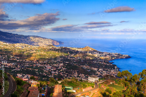 Panoramic view from Cabo Girao viewpoint at the capital Funchal of the island Madeira, Portugal
