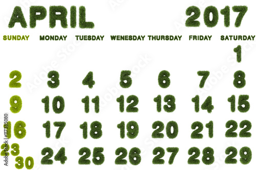 Calendar for 2017 on white background,3d rendering green grass