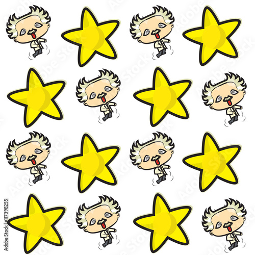 A pattern with little famous scientist Albert and yellow stars.