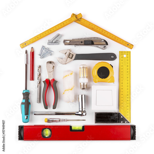 DIY - home renovation and improvement tools on white