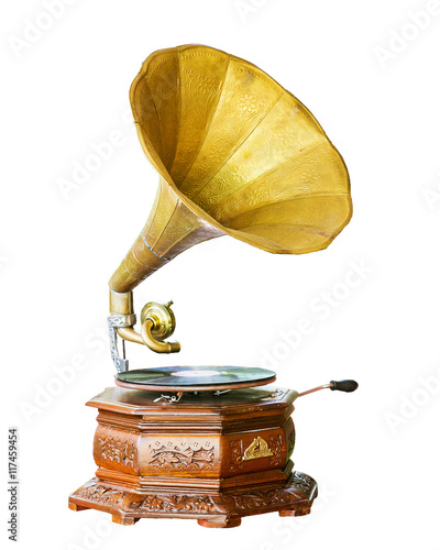 Golden gramophone isolated on white. Clipping path included