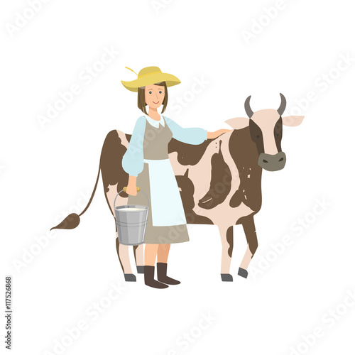 Milkmaid With Cow And Metal Bucket Milk