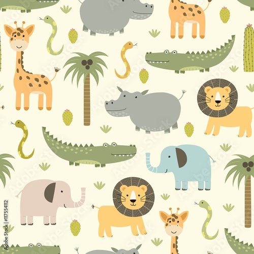 Safari animals seamless pattern with cute hippo, crocodile, lion