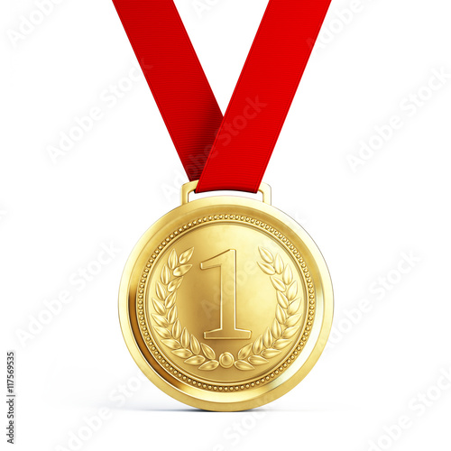 First place Gold medal with red ribbon isolated on white background - 3d illustration