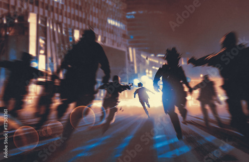 man running away from zombies in night city,illustration,digital painting