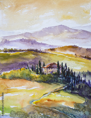 Watercolor illustration of rural Tuscany landscape- fields ,trees,farm and mountains in background.