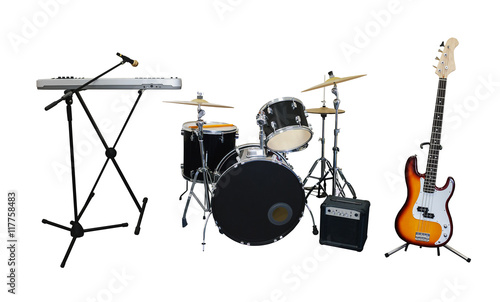 Set of musical instruments isolated on white background: guitar, synthesizer, combo amplifier and drums