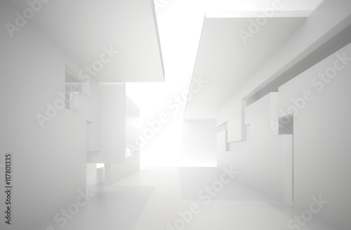 3d illustration. White interior of a non-existent building. The walls of the room with rectangular holes, multilevel ceiling. Light in perspective. Architectural minimal background, render.