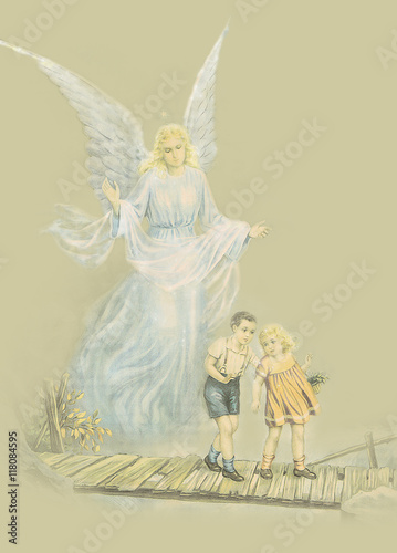 Guardian Angel Watching Over Kids, This was an old painting that was retouched and separated from the background, it shows and Angel watching children crossing on a bridge