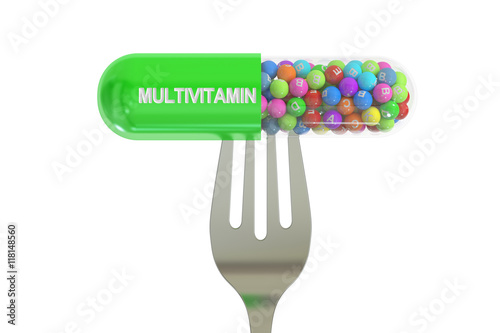 fork with multivitamin capsule, 3D rendering