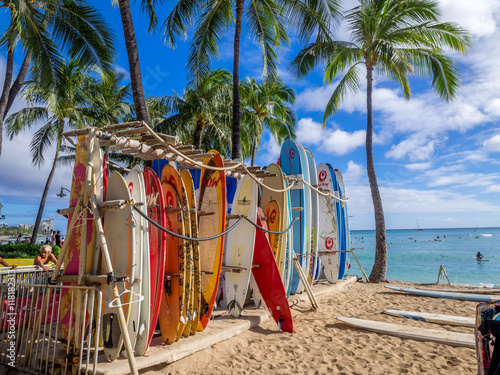 Surfboards lined up on Waikiki beach.