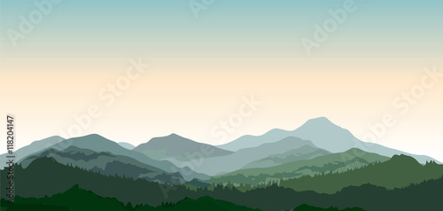Landscape with mountains. Nature background. Vector countryside view with forest, field and hills