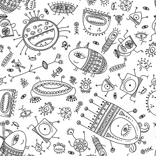 ethnic ornate style cute monsters seamless pattern.