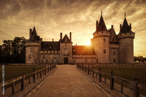 Chateau of Sully-sur-Loire at sunset, France. Old castle in Loire Valley in summer.