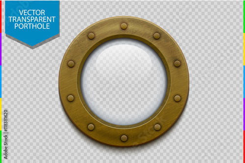 Illustration of a bronze or brass ship porthole with glass isolated on transparent background. Rivets mount.