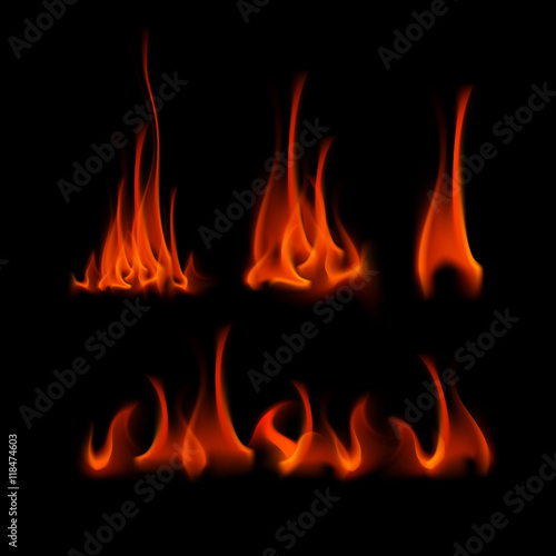 Vector Set of Different Red Scarlet Fire Flame Bonfire Isolated