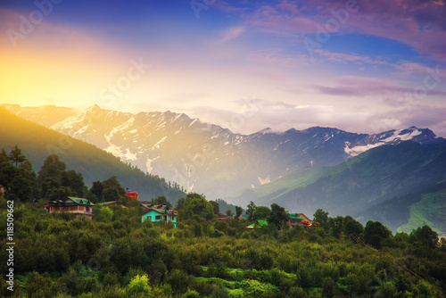 Sunrise landscape view in Manali, India.